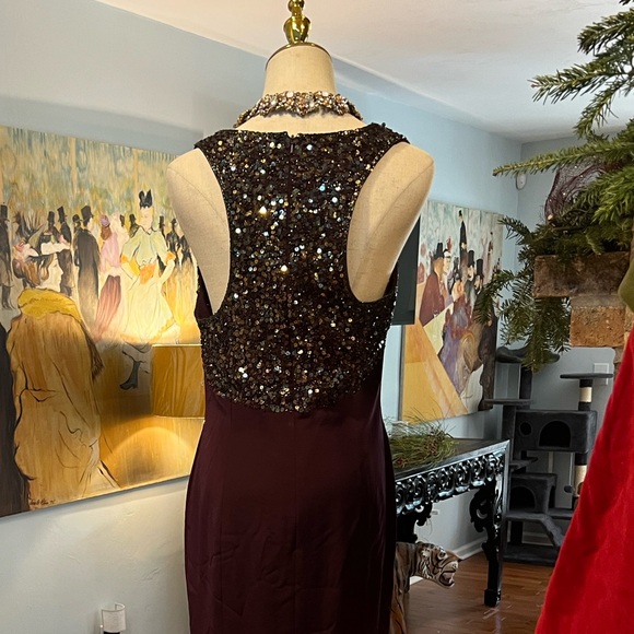 Y2K Black Tie,Oleg Cassini,Lux Plum Beaded Sequin Cocktail Evening Dress,Size 10 - Picture 4 of 10